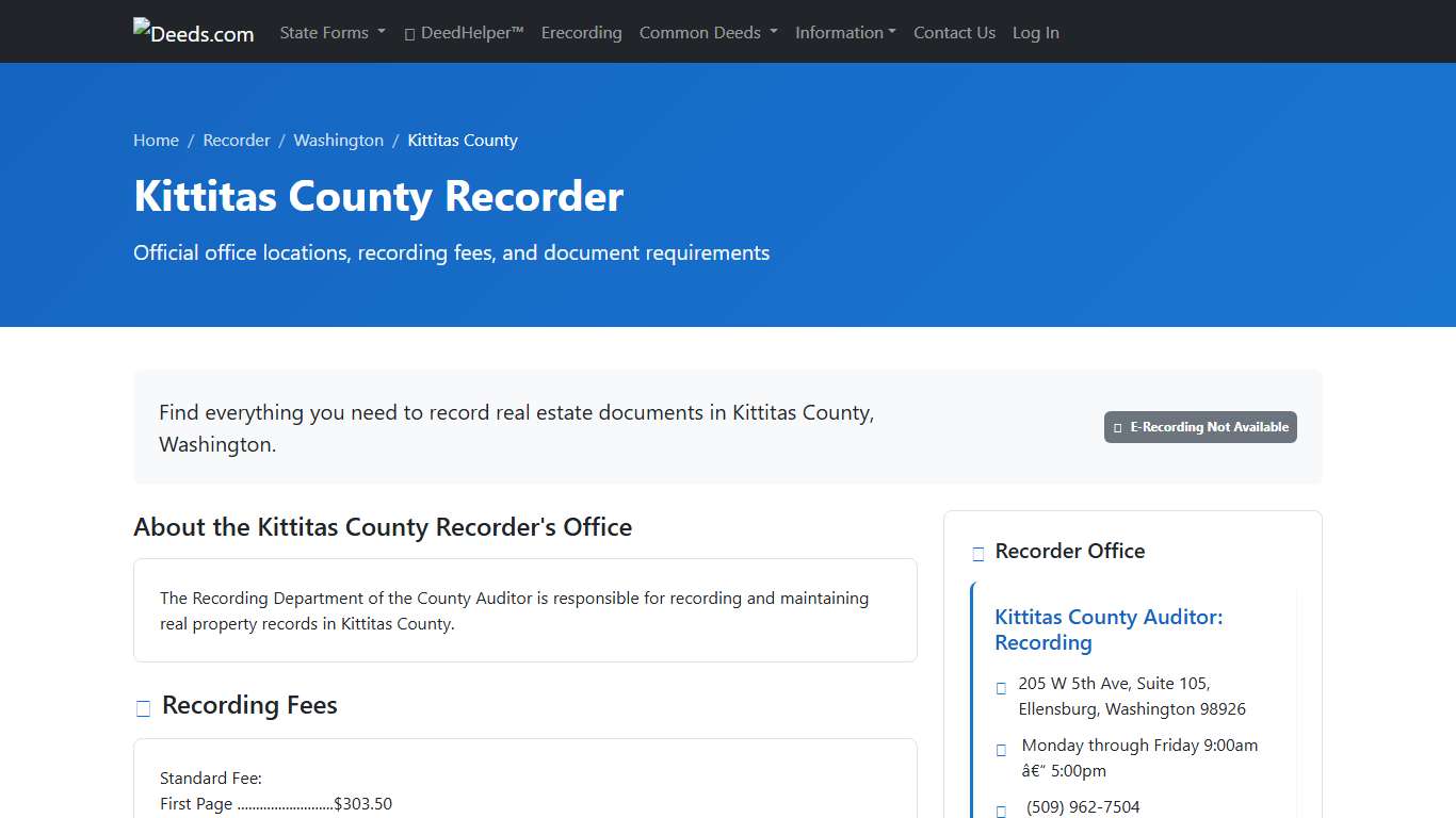 Kittitas County Recorder Information, Washington - Deeds.com