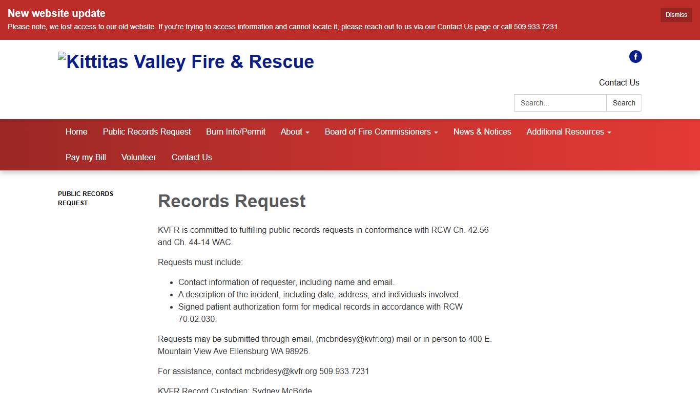 Records Request  - Kittitas Valley Fire & Rescue